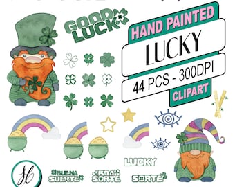 Lucky Clipart Set Handpainted Watercolor Leprachauns Clovers Luck Charms Suerte Sorte St Patricks digital cutouts