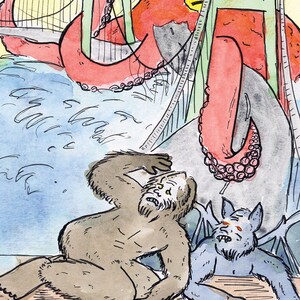 Puede incluir: Una ilustración de acuarela de un pulpo rojo atacando un puente con un sasquatch marrón y una criatura azul similar a un murciélago mirando hacia arriba con miedo. El texto "THE PACIFIC NORTHWEST presents CRYPTILICUS" está en la parte inferior de la imagen.