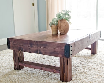 Rustic Red Mahogany Wood Coffee Table, Farmhouse Industrial Style