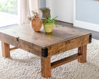 Rustic Brown Wood Coffee Table, Farmhouse Industrial Style