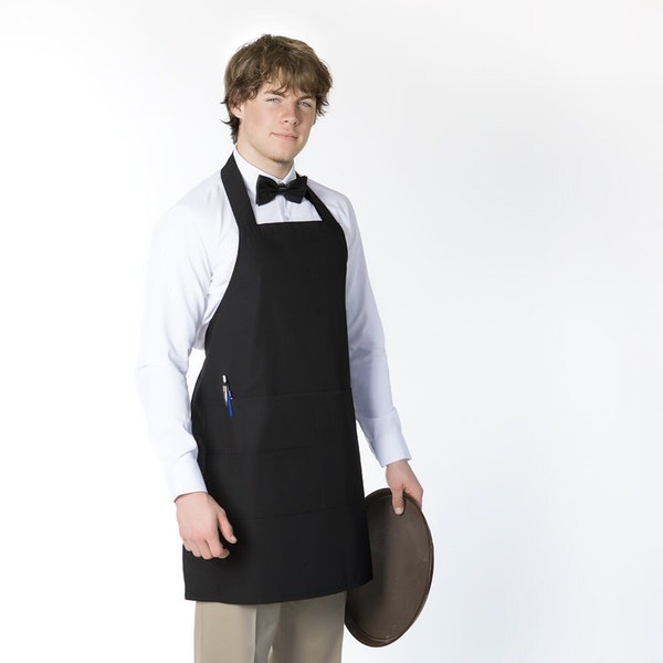 Full Black Bistro Bib  Apron w/ Organizing Pockets •  Made in USA