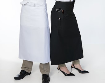 White Bistro Apron Extra Long w/ Organizing Pockets Made in USA