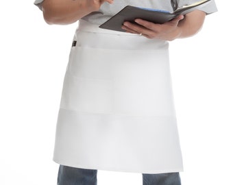 White Bistro Half Apron Knee Length w/ Organizing Pockets Made in USA