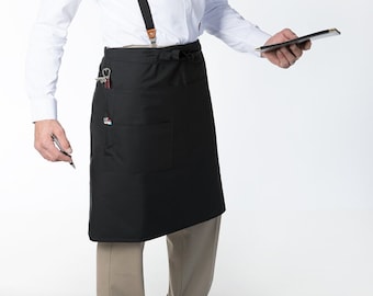 Medium Black Bistro Half Apron Knee length w/ Organizing Pockets • Made in USA