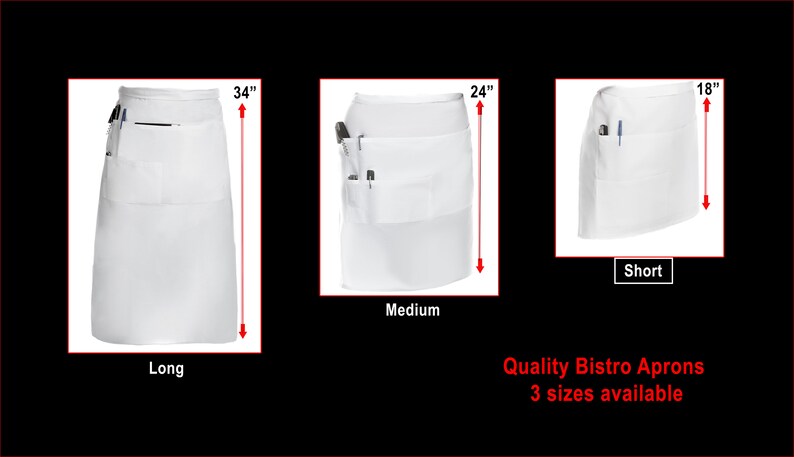 Made USA White Waitress Apron \u2022 Server Uniform /& Bartenders Short Length Organizing Half Apron