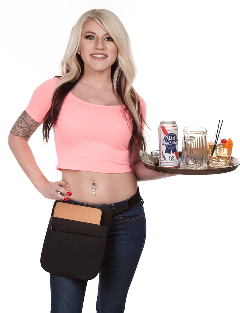 Deluxe Premium Quality Black Waitress Money Tablet 5 Pocket Pouch Apron Adjustable Web Belt