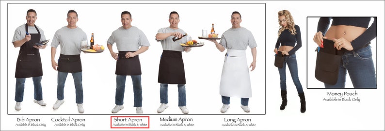 Made USA White Waitress Apron \u2022 Server Uniform /& Bartenders Short Length Organizing Half Apron