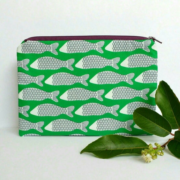 Green Makeup Bag - Green fish  print, Cosmetic Bag, Jewellery Bag, Pencil case, Handbag organiser, Bag tidy, Organic cotton, Gift for her