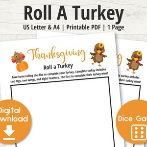 Thanksgiving Games Roll a Turkey Dice Game Printable Family Game Night Holiday Party Game Friendsgiving Games Kids  Classroom Activity Sheet
