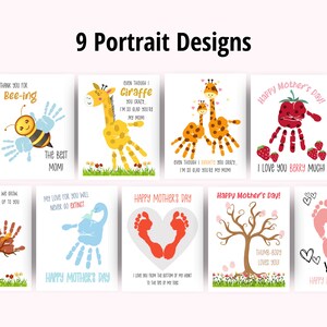 May include: Nine printable Mother's Day cards featuring handprint and footprint designs. The cards include phrases like "Thank you for bee-ing the best mom!" and "I love you berry much!"