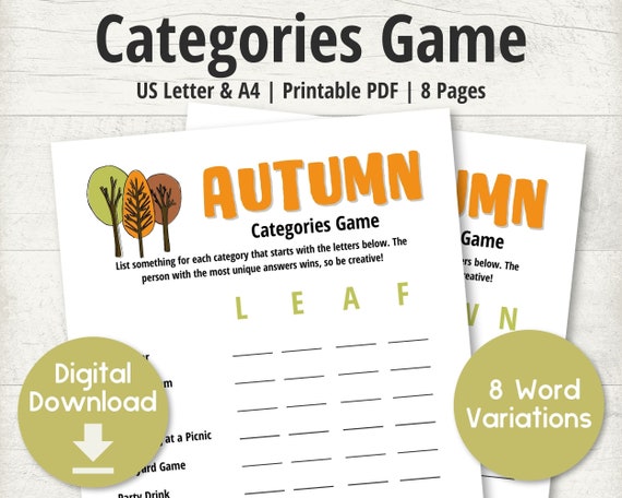 Autumn Categories Game Printable Games Digital Download Etsy Australia
