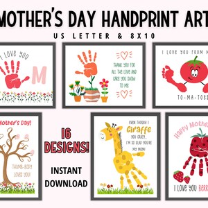 May include: A set of 16 printable Mother's Day handprint art designs. The designs feature various handprint and footprint ideas, including a giraffe, a tomato, a tree, and a strawberry. The designs are perfect for creating personalized gifts for mothers.