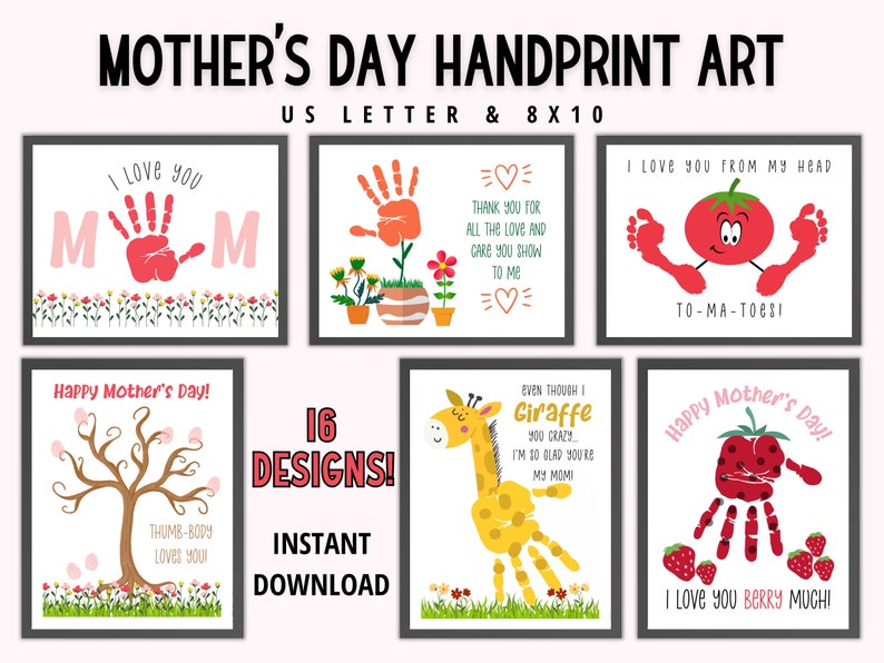 May include: A set of 16 printable Mother's Day handprint art designs. The designs feature various handprint and footprint ideas, including a giraffe, a tomato, a tree, and a strawberry. The designs are perfect for creating personalized gifts for mothers.