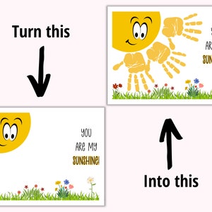 May include: A yellow sun with a smiling face and handprints radiating from it. The sun is surrounded by green grass and colorful flowers. The text "YOU ARE MY SUNSHINE!" is written on the right side of the image.