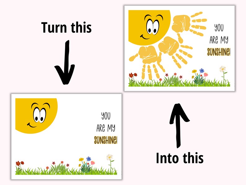 May include: A yellow sun with a smiling face and handprints radiating from it. The sun is surrounded by green grass and colorful flowers. The text "YOU ARE MY SUNSHINE!" is written on the right side of the image.