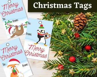 May include: Christmas gift tags with festive designs. The tags feature a sloth, penguin, and fox, each wearing a Santa hat. The tags have "Merry Christmas" written in red script, with "To:" and "From:" fields.