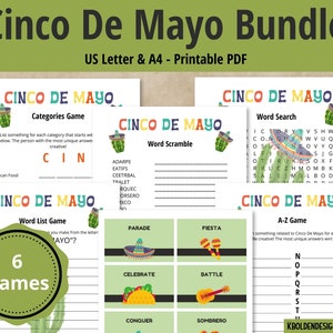 Cinco De Mayo Printable Activity Bundle, Digital Download, Word Search, Word Scramble, Alphabet Game, Scattergories List, Classroom Activity