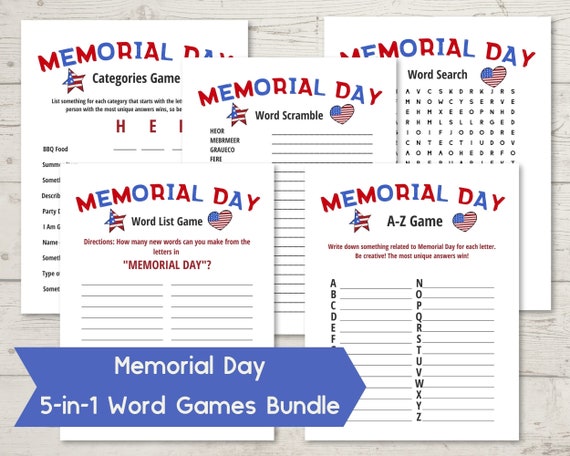 Memorial Day 5-in-1 Word Games Patriotic Bundle USA America