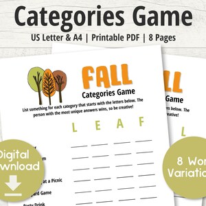 Könnte beinhalten: Druckbares PDF-Spiel mit Herbstthema. Das Spiel heißt "Fall Categories Game" und bietet eine Liste von Kategorien, die mit den Buchstaben L, E, A und F beginnen. Das Spiel enthält 8 Wortvariationen.