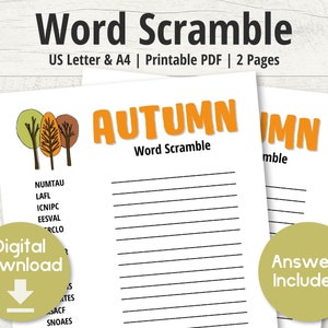 Op de afbeelding: Printbaar woordzoekspel met het woord "AUTUMN" in oranje letters. Het spel bevat een lijst met gemengde woorden die verband houden met de herfst en een lege ruimte om de antwoorden in te vullen. Het spel is ontworpen voor US Letter- en A4-papierformaten en bevat de antwoorden.