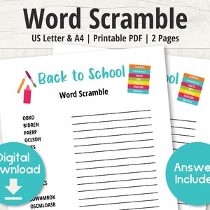 Back to School Word Scramble, Printable games, Digital Download, Word Games, Virtual Game, Kids Activity Sheet, Classroom Activity