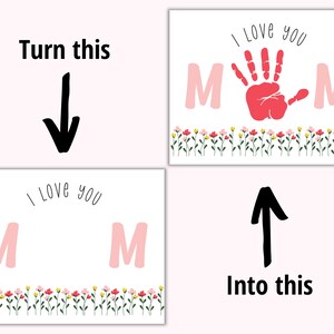 May include: A printable card with the words "I love you Mom" with a red handprint in the middle. The card has a pink flower border at the bottom.