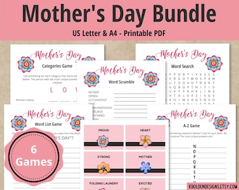 Mother's Day Printable Activity Bundle, Digital Download, Word Search, Word Scramble, Alphabet Game, Scattergories, Classroom Activity