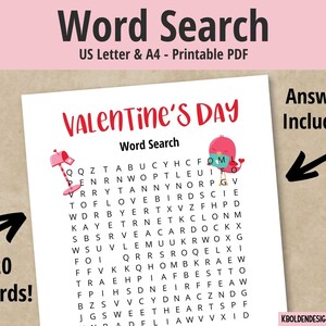 Valentine&#39;s Day Printable Word Search, Fun Valentines Day Games for Kids, Classroom Activity, Kids Activity Sheet, Holiday Word Games