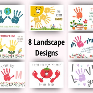 May include: Eight printable Mother's Day card designs featuring handprint art and landscape scenes. The designs include a sun, flowers, a tomato, and a bee.