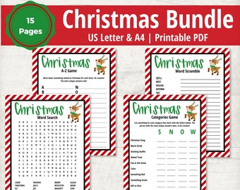 Paquete de juegos de palabras navideños imprimibles para niños y adultos, actividades de rompecabezas navideñas en PDF, juegos de fiesta familiares, diversión navideña en el aula.