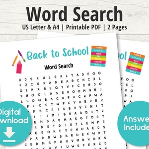 Búsqueda de palabras de regreso a la escuela, juegos imprimibles, descarga digital, juegos de palabras, juego virtual, hoja de actividades para niños, actividad en el aula