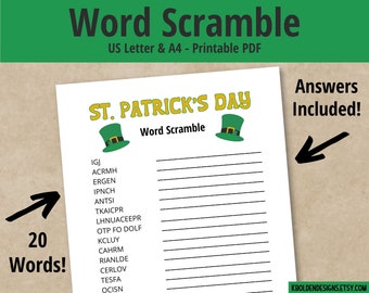 St. Patrick's Day Printable Word Scramble, Digital Download, Classroom Activity, Kid Activity Sheet, Family Reunion Word Game, DIY Party