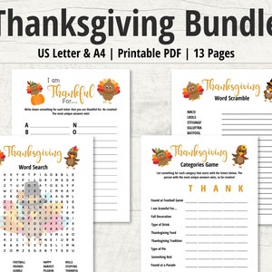 Thanksgiving Activity Bundle, Printable game, Word Search, Word Scramble, A-Z Alphabet Activity, Scattergories Lists, Friendsgiving Games