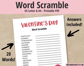 Valentine's Day Printable Word Scramble, Fun Valentines Day Game for Kids, Classroom Activity, Kid Activity Sheet, Family Word Game