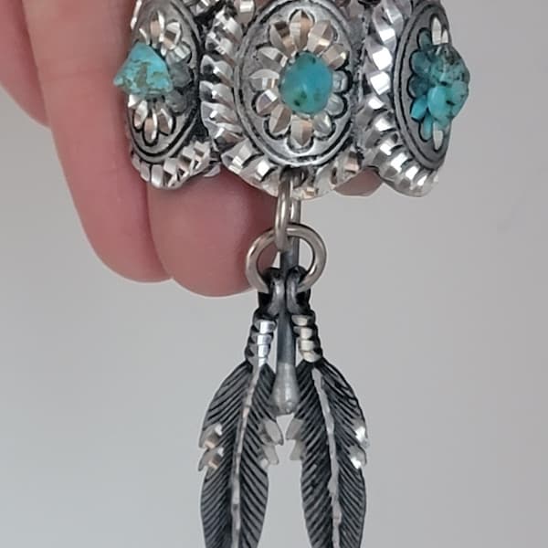 Small 3 Concho with turquoise and feathers pony tail cover