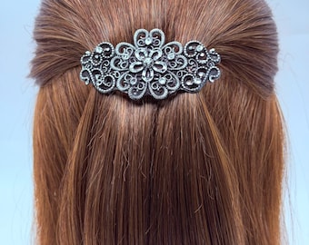 Pewter Floral Hair Barrette for Medium Hair – 60mm French Clip – Handcrafted Silver Flower Filigree Hair Clip