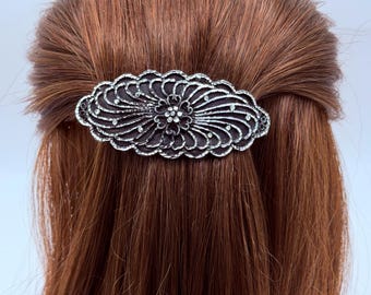 Handmade Pewter Flower Barrette, Diamond Cut French Clip, Silver Floral Hair Clip, Medium to Thick Hair Accessory