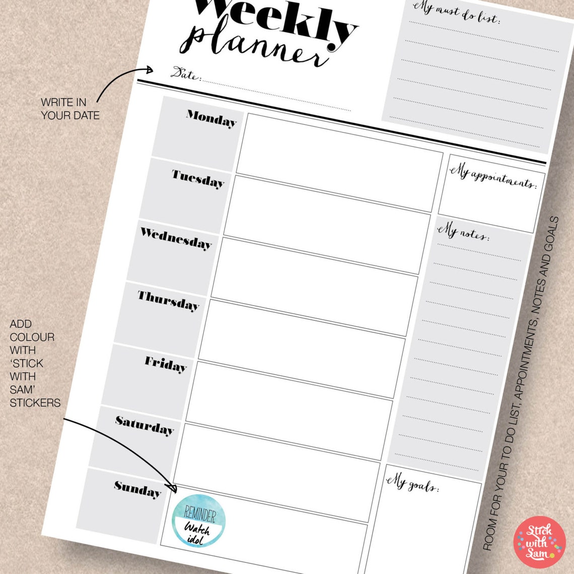 WEEKLY Instant Download Printable Planner Weekly Portrait | Etsy