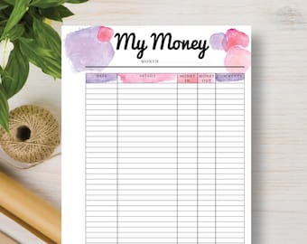 Pink Watercolor Design Instant Planner Template to Help Organise Your Money. Record Your Finances in this My Money Template. | #608a