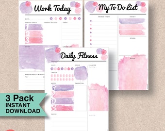 Printable Diary Insert | Pink Watercolor Pack | Instant Download | Work, To-Do and Fitness Agenda Inserts | A4, A5, Letter & Half |#554