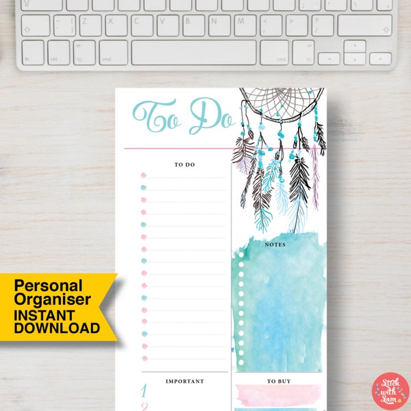 PERSONAL SIZE Filofax "To Do" Page. Printable Page Inserts that fit the Filofax "Personal", "Slim" & "Compact" Organisers. Boho | #709