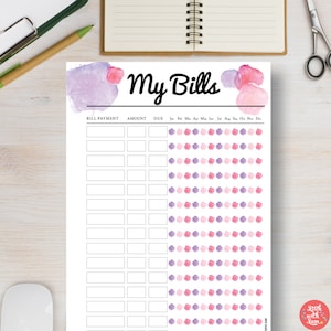 MONEY Bills Planner Printable includes A5. Pink Watercolor Finance Instant Download. You receive: A4, A5, Letter & Half Letter sizes | #609