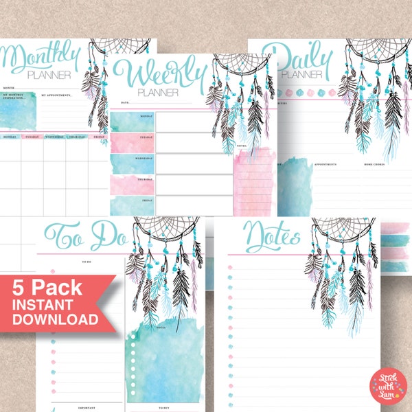 Boho Dream Catcher Printable Planner 5 Pack. Summer Trend Gift for Sister, Wife or YOU! Letter, Half Letter, A4 & A5 Monday Start | #601