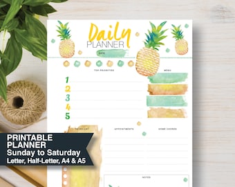 DAILY Organizer Templates. Daily Printable Planner.  Pineapple Theme. These inserts include sizes: A4, A5, Letter & Half Letter | #652