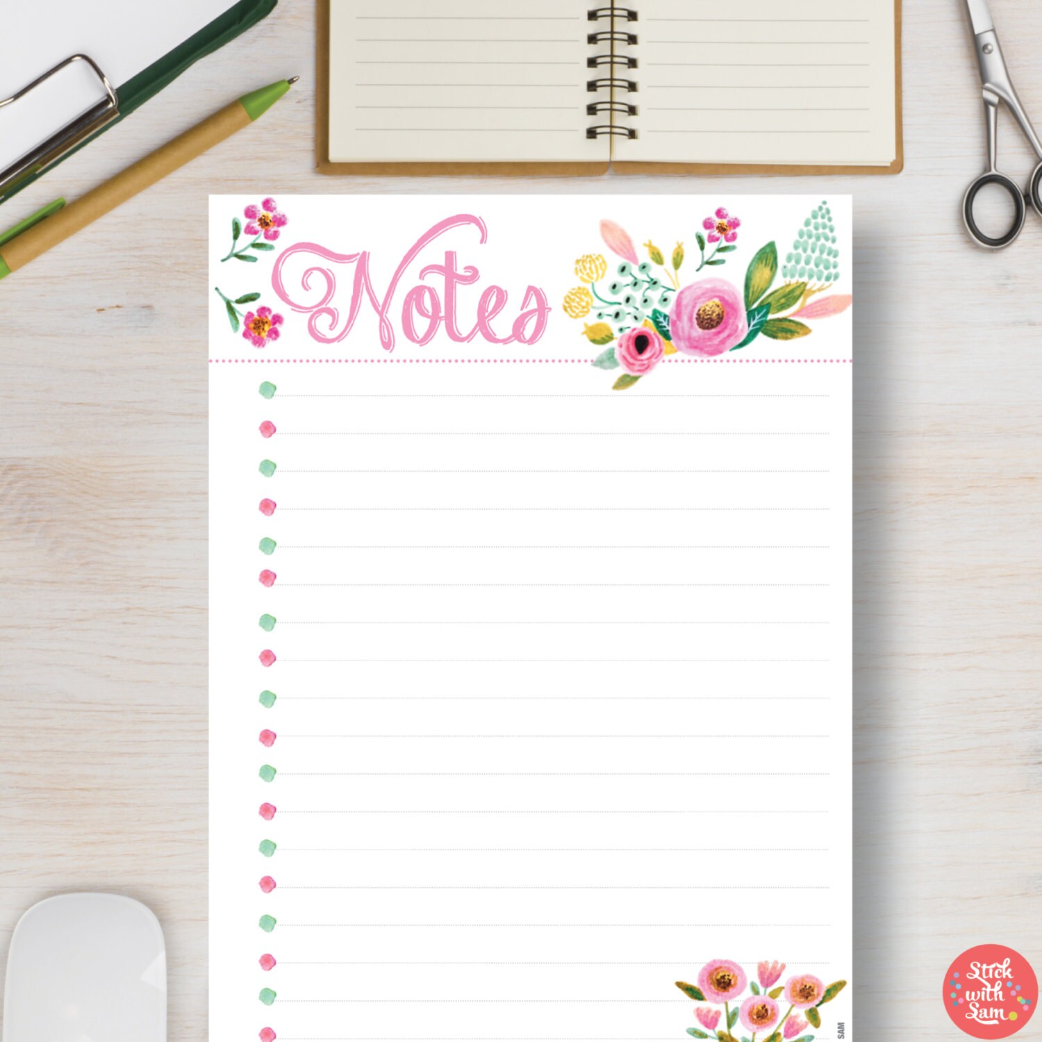 NOTES Floral Printable Planner. Flower Productivity Journal | Etsy