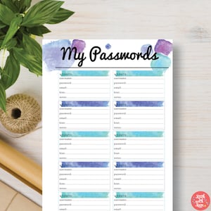 PASSWORD Planner Insert.  Blue Password Printable Planner Insert includes A5, A4 and Letter sizes. Fits A5 & A4 Filofax, kikki K. #579