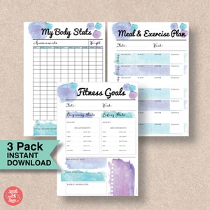 Printable Fitness Planner for Weight Loss and Meals. Body Stats, Meal & Exercise and Fitness Goals - A4, A5, Letter and Half Letter | #558a