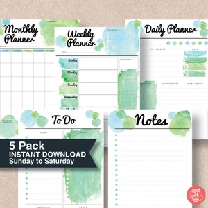 Planner and Organizer Templates - House Binder Printables - Watercolor Green 5 Pack - Includes sizes: A4, A5, Letter & Half Letter | #669