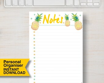 PERSONAL SIZE Notes. Fits Filofax. Pineapple Tropical printable planner. Summer insert fits many planners. PDF. Size: 3.75" x 6.75" | #717