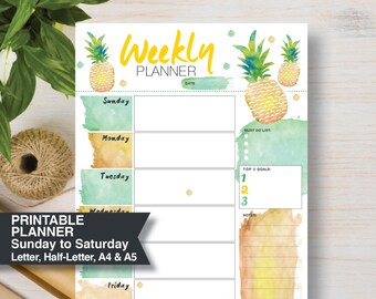 WEEKLY Bullet Journal planning. Sun start printable planners. Weekly schedule template inserts includes sizes A4, A5, Letter & Half|#613